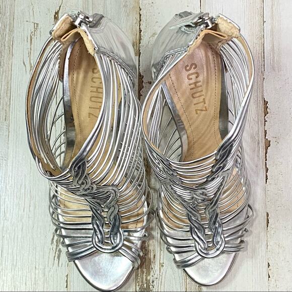 Schutz Margaery Metallic Strappy Sandal Womens Size 6B Silver Stiletto Caged - Picture 6 of 14